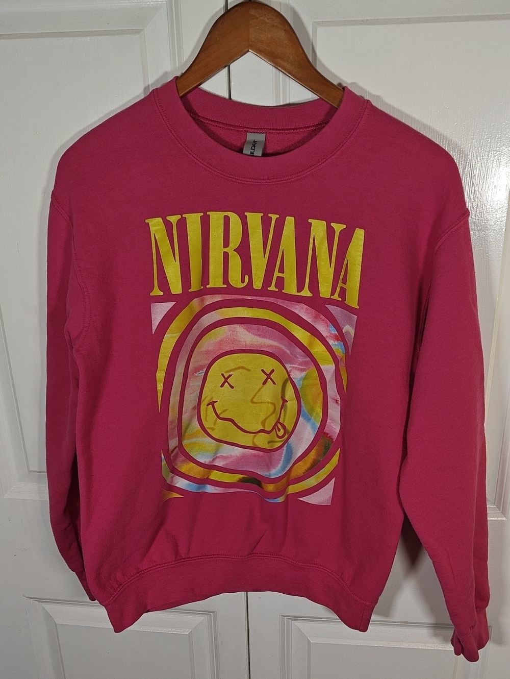 Nirvana Womens Pink Smiley Face Graphic Crewneck Sweatshirt Small